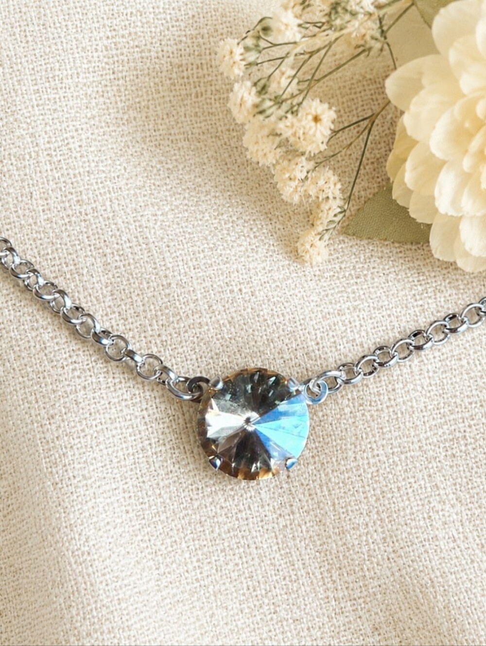 Golden Shadow Crystal Necklace w/ Pink Heart Charm | Handmade Silver Rolo Chain